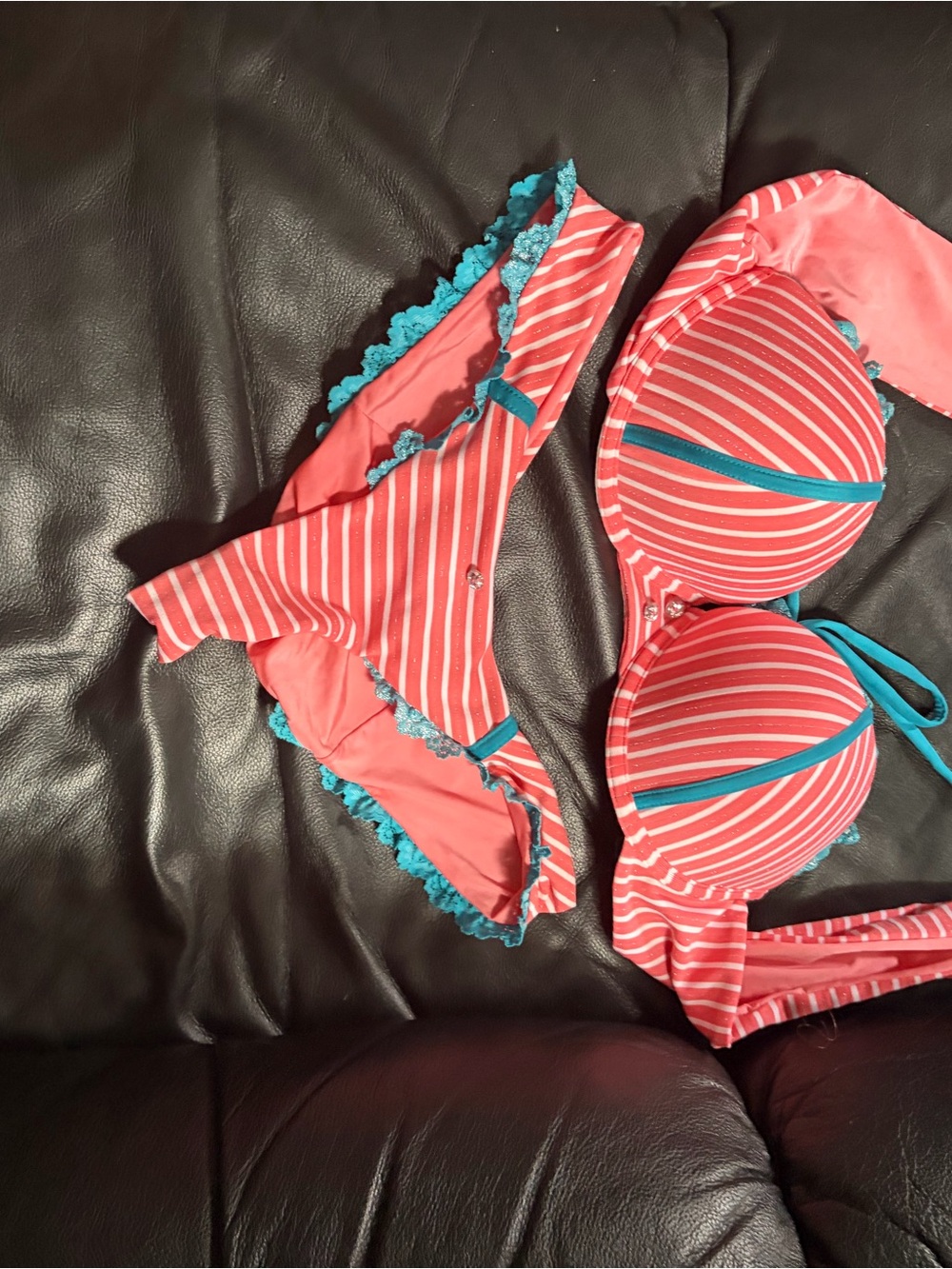 Beach Bunny Coral & Teal Striped Ruffle Bikini